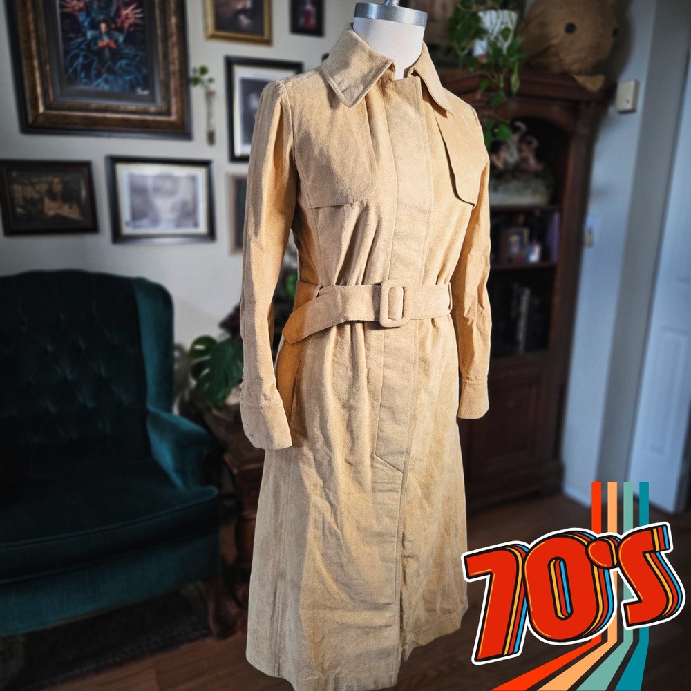 Saks Fifth Avenue Trench Coat Vintage 70s Tan‎ Ultra Suede Belted Mod Jacket S